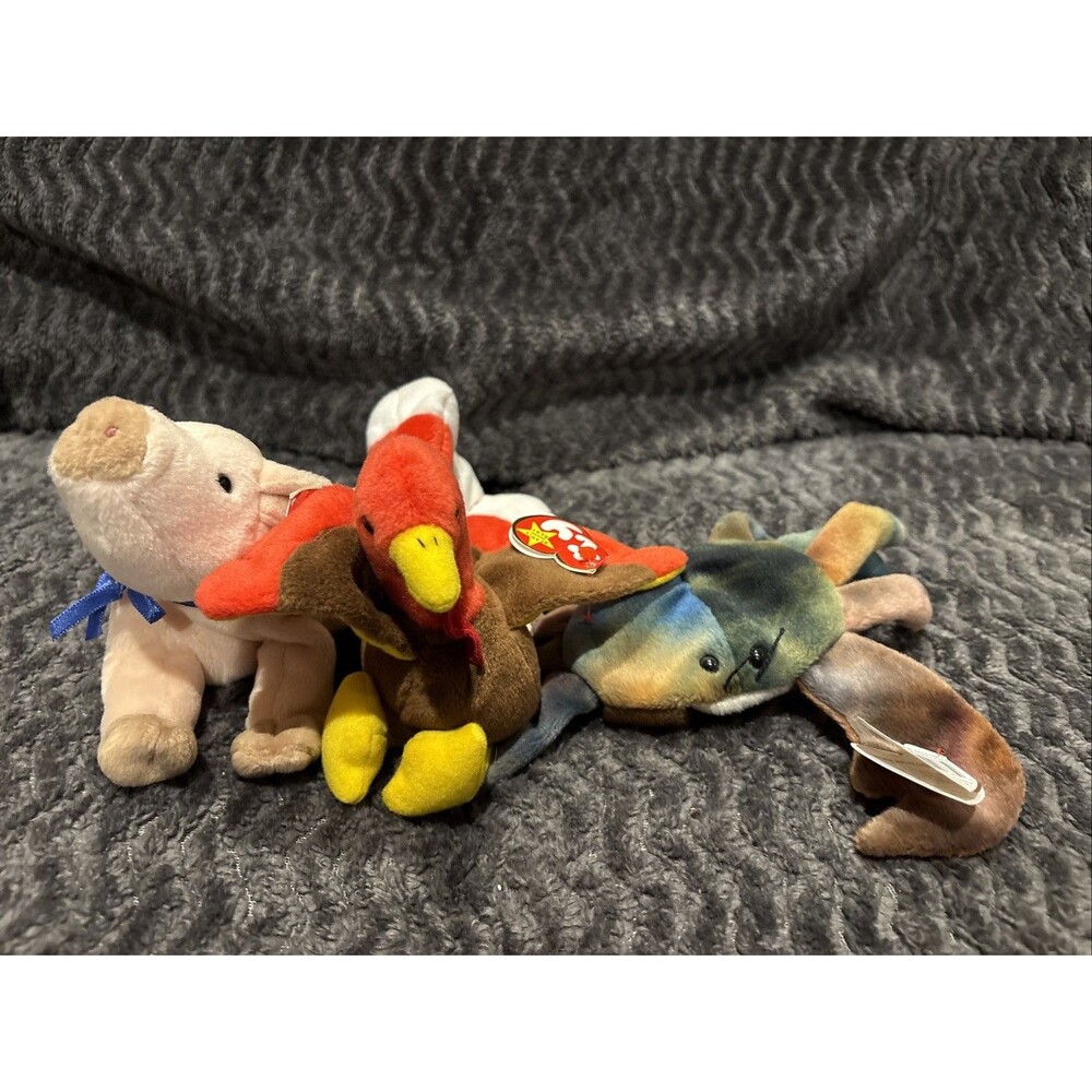 Lot Of 3 TY Beenie Babies Claude, Gobbles, Knuckles